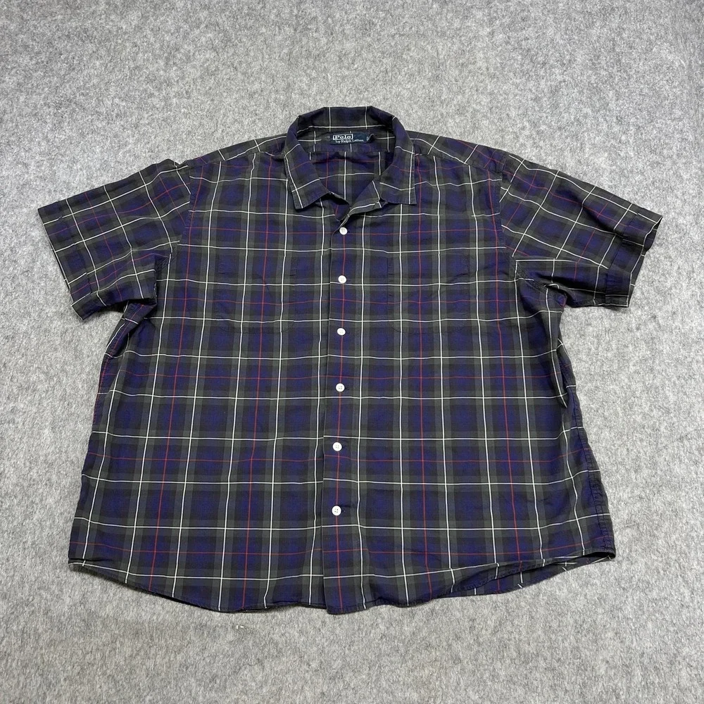 Polo Ralph Lauren Shirt Mens 2XL Blue Plaid Short‎ Sleeve Button Camp Loop Neck